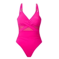 Hot pink mesh one-piece swimsuit with V-neckline and tummy control side cutouts - Rose Pink (3104)