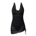Elegant black one-piece swimsuit featuring sheer mesh V-neck and ruched side-tie details - Black (3103)