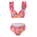 Vibrant floral high waisted bikini set with ruffled straps and decorative ring detail - Y311 Floral Swimsuit / S