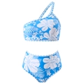 Two-piece bikini with blue tropical floral print and one-shoulder mesh detail - S / Two-Piece Bikini / Blue