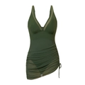 Dark green ruched one-piece swimsuit with V-neck mesh panels and side drawstring - Army Green (3103)