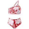 Three-piece red floral bikini with one-shoulder top and high-waisted bottom - S / Two-Piece Bikini / Red