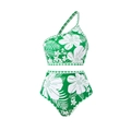 Three-piece bikini set with green floral single shoulder top and high waist bottom - S / Two-Piece Bikini / Green