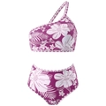 Three-piece bikini set with purple tropical floral print and one-shoulder mesh skirt - S / Two-Piece Bikini / Purple