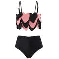 Three-piece bikini set with heart-shaped pink layered appliques and high waist black bottom - S / Two-Piece Bikini / Pink