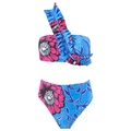 Three-piece floral bikini set with one-shoulder ruffle top and high-waist bottoms in pink blue - S / Two-Piece Bikini / Blue