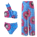 Three-piece bikini set with floral print mesh pants and ruffled one-shoulder top - S / Three-Piece Set / Blue