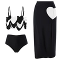 Three-piece bikini set with black and white heart-shaped patchwork and slit maxi skirt - S / Three-Piece Set / Black