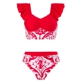 Three-piece bikini set with red floral baroque print and ruffle mesh skirt detail - S / Two-Piece Bikini / Rose Red