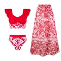 Three-piece red floral bikini set with Ruffled shoulder top and matching mesh skirt - S / Three-Piece Set / Rose Red