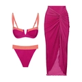 Three-piece sparkling fuchsia bikini set with orange trim and a matching mesh wrap skirt - S / Three-Piece Set / Rose Red