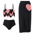 Three-piece black bikini set with pink 3D heart accents and side-slit mesh skirt - S / Three-Piece Set / Pink