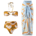 Three-piece bikini set with floral print top, high-waisted bottoms and blue sarong - S / Three-Piece Set / Orange