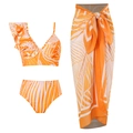 Three-piece bikini set featuring orange tropical leaf print and matching mesh sarong - S / Three-Piece Set / Yellow