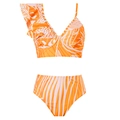 Two-piece bikini set in orange tropical print with ruffles and high waist - S / Two-Piece Bikini / Yellow