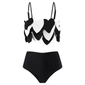 Three-piece bikini set featuring black and white heart patchwork design with mesh skirt - S / Two-Piece Bikini / Black