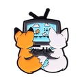 Emaille-Anstecknadel mit Cartoon-Füchsen und Vintage-Fernseher auf Metallbasis - Fuchs Fernsehen Stil (XZ5208)