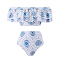 Two-piece evil eye print bikini with ruffled off-shoulder top and high waist bottom - S / Two-Piece Bikini / White