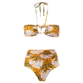 Three-piece bikini set with orange floral print, halter top and high-waisted bottoms - S / Two-Piece Bikini / Orange