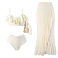 Three-piece ivory bikini set with 3D floral details and a ruffled mesh sarong skirt - L / Three-Piece Set / White