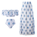 Three-piece bikini set with blue evil eye print and matching mesh skirt sarong - L / Three-Piece Set / White