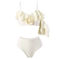 Three-piece off-white bikini set with large 3D rose detail and high-waist bottoms - L / Two-Piece Bikini / White