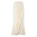 Three-piece bikini set with a cream mesh sarong skirt featuring asymmetrical ruffles - One Size / Beach Dress / White