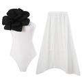 White one-piece swimsuit with black floral detail and sheer lace skirt beach set - S / Top And Bottom / White
