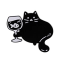 Emaille pin van zwarte cartoon kat met wijnglas en visje voor tassen en kleding - Kat met Wijn (QHXZ3743)