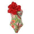 One-shoulder swimsuit with large 3D red flower and tropical rainforest leaf prints - S / Tops / Red Bird