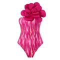 One-shoulder fuchsia one-piece swimsuit featuring a large 3D floral accent and abstract print - S / Tops / Rose Red