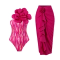 Women's rose red one-shoulder swimsuit with floral applique and matching ruffled skirt - S / Top And Bottom / Rose Red