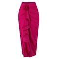 Rose pink midi skirt with high waist, 3D floral accents and ruffled layer details - S / Bottoms / Rose Red