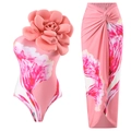 Pink floral two-piece set with 3D flower monokini and matching chiffon wrap skirt - S / Top And Bottom / Pink