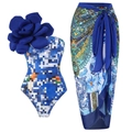 Blue one-piece swimsuit with large floral 3D decor and matching printed beach skirt - S / Top And Bottom / Blue
