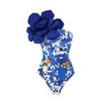 One-shoulder blue swimsuit with large floral applique and abstract pattern print - S / Tops / Blue