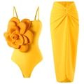 Bright yellow swimsuit set with 3D floral decoration and matching long wrap skirt - S / Top And Bottom / Yellow