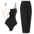 Black one-piece swimsuit with large white flower and matching chiffon skirt set - S / Top And Bottom / Black