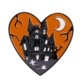 Gothic heart-shaped Halloween enamel pin featuring a black castle and orange sunset - Heart Castle Halloween Style (xz6810)