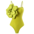 Sleek lime green one-piece swimsuit featuring a dramatic 3D floral accent on the shoulder - S / Tops / Lemon Green