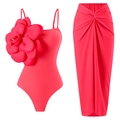 Women's rose red one-piece swimsuit and wrap skirt set with large 3D floral accent - S / Top And Bottom / Rose Pink