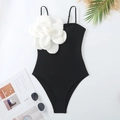 Elegant black one-piece swimsuit with white 3D floral detail and thin straps for vacation - S / Top (Y325) / Black