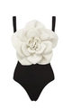 Slim fit black one-piece swimsuit featuring a large white 3D camellia floral detail - S / Top (Y328) / Black