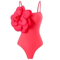 Sleeveless coral pink one-piece swimsuit featuring a large 3D floral accent on the shoulder - S / Top (Y325) / Rose Pink