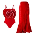 Red swimsuit set featuring 3D handmade rose bodysuit and ruffled chiffon maxi skirt - S / Top And Bottom (Y225) / Red