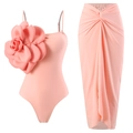 Pink one-piece swimsuit with 3D floral applique and matching wrap skirt set - M / Top And Bottom (Y325) / Pink