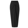 Classic black high-waisted wrap maxi skirt with stylish front knot and draped slit detail - S / Bottom (Y325) / Black