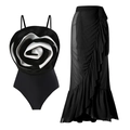 Black one-piece swimsuit with 3D floral accent and matching ruffled chiffon wrap skirt - S / Top And Bottom (Y225) / Black
