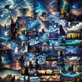 50pcs Van Gogh Starry Night style waterproof stickers featuring various artistic dog breeds - Van Gogh Starry Sky Art Pet Style