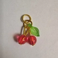 Detail of DIY cherry pendant with red translucent beads and golden metal leaf charm - Cherry Style (XDPJ596-20)